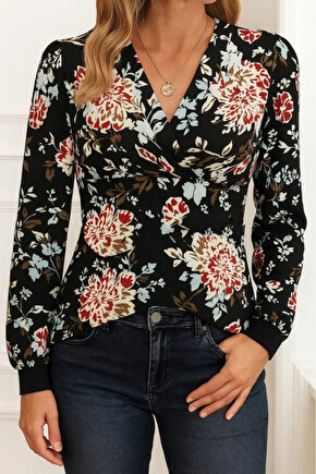 Kadın Uzun Kollu Kruvaze Yakalı Kelebek Desenli şardonlu Dalgıç Bluz