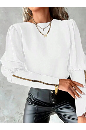 Kadın Uzun Kollu Bisiklet Yaka Fermuar Detaylı Ithal Krep Bluz