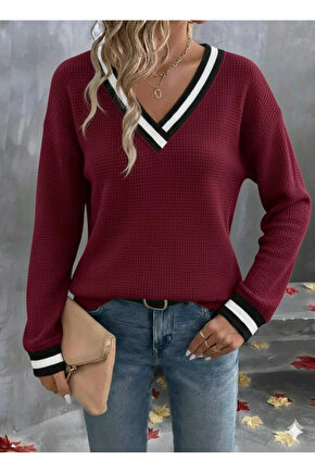 Kadın Uzun Kollu V Yakalı Waffle Bluz