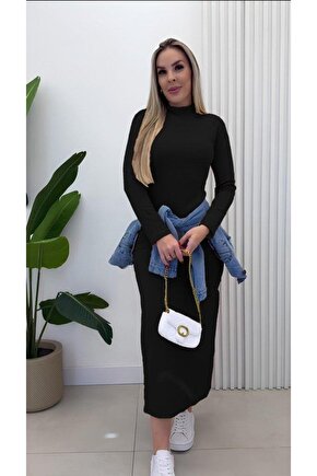 Kadın Uzun Kollu Balıkçı Yakalı Yanlardan Yırtmaçlı Kaşkorse Maxi Elbise