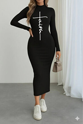 Kadın Uzun Kollu Boğazlı Baskı Detaylı Viskon Tam Boy Elbise