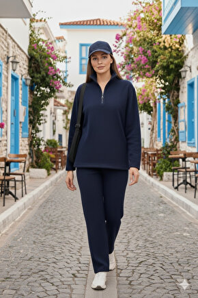 EQURİ Kadın Balıkçı Yaka Fermuar Detay Polar Sweat Ve Pantolon Ikili Takım