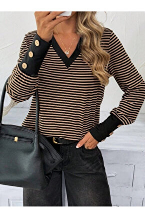 Kadın Uzun Kollu V Yakalı Desenli Süprem Bluz