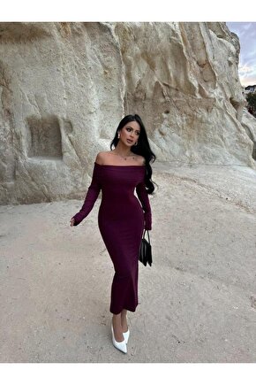 Kadın Uzun Kollu Madonna Yaka Midi Boy Elbise