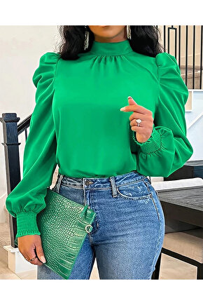 Kadın Uzun Kollu Balıkçı Yaka Arkadan Bağlamalı Omuzlardan Balon Ithal Krep Bluz