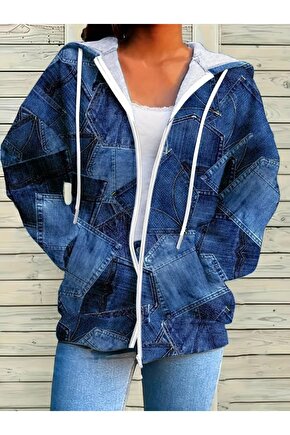 EQURİ Kadın Uzun Kollu Kapşonlu Fermuarlı Kot Desenli Bağcıklı Modal Ceket