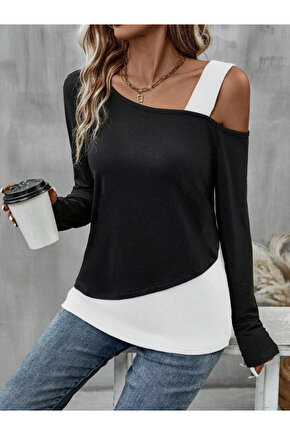 Kadın Tek Omuzu Açık Askılı çift Renkli Uzun Kollu Viskon Bluz