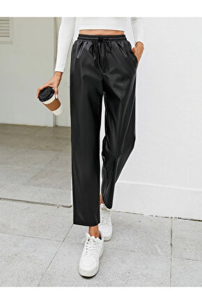 Kadın Yüksel Bel Bağcıklı Deri Pantolon