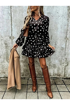 Kadın Uzun Kollu V Yakalı Belden Kuşaklı Puantiyeli Mini Modal Elbise