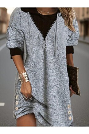 Kadın Uzun Kollu Kapşonlu önden Fermuarlı Düğmeli Mini Iki Iplik Elbise