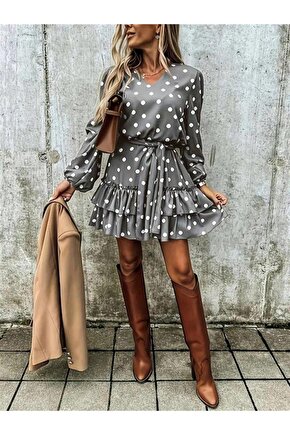 Kadın Uzun Kollu V Yakalı Belden Kuşaklı Puantiyeli Mini Modal Elbise