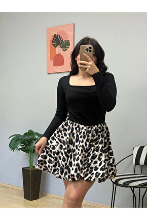 Kadın Uzun Kollu Kare Yaka Mini Balon Modal Elbise