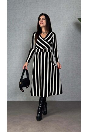Kadın Uzun Kollu Kruvaze Yaka Kemer Dahil çizgili Triko Elbise