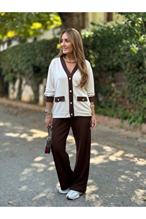 EQURİ Kadın Uzun Kollu Ribanali Cep Detay Hırka Ve Bol Paça Pantolon Ikili Takım