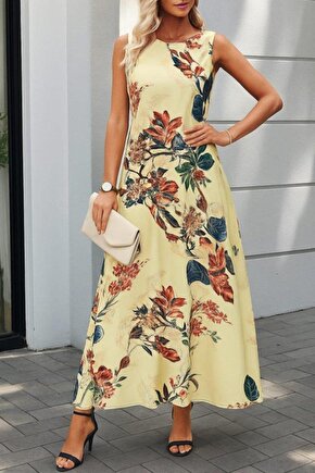 Kadın Askılı Yuvarlak Yaka Cepli Desenli Süprem Elbise