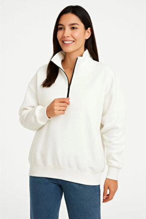 EQURİ Üç İplik Dık Yaka Yarım Fermuarlı SweatShirt - Beyaz