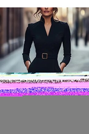 Kadın Uzun Kollu Hakim Yaka Beli Kemerli Cepli Midi Ithal Krep Elbise