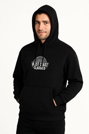 EQURİ Üç İplik Kapüşonlu Ön Ve Arka Baskılı SweatShirt Hoodie - Siyah