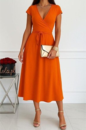 Kadın Kısa Kollu V Yakalı Belden Kuşaklı Maksi Boy Viskon Elbise