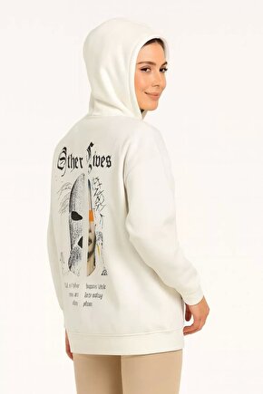 Kadın Kapşonlu Sweatshirt – Oversize Üç İplik Şardonlu Hoodie, Other Lives Ön & Arka Baskılı, Kang