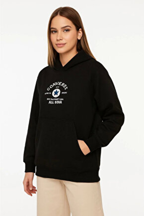 EQURİ Üç İplik Kapşonlu ön Ve Arka Baskılı SweatShirt Hoodie- Siyah