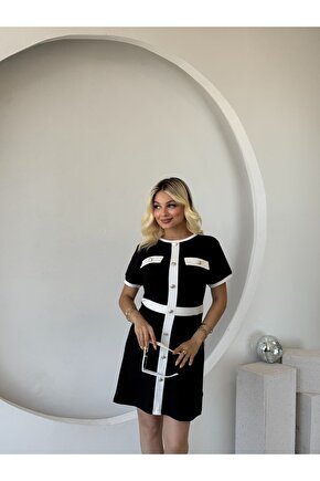 EQURİ Kadın Kısa Kollu Bisiklet Yaka önden Düğmeli Modal Elbise