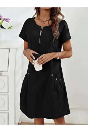 Kadın Kısa Kollu Yakası Açık Fermuarlı Cep Detaylı Ithal Keten Elbise