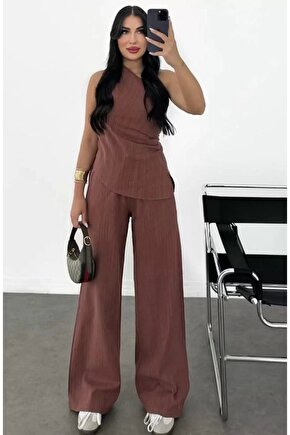 Kadın Keten Asimetrik Tek Omuzlu Bluz Pantalon Takım- Bordo