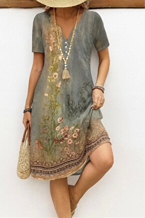 Kadın Kısa Kollu V Yakalı Desenli Süprem Elbise