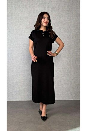 Kadın Kısa Kollu Yakalı Yandan Yırtmaçlı Viskon Iki Iplik Elbise