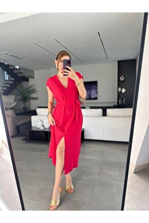 Kadınn V Yaka Düğme Detay Kuşak Dahil Elbise