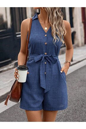 EQURİ Kadın Sıfır Kollu Yakalı Düğmeli Belden Kuşaklı Kısa Keten Tulum