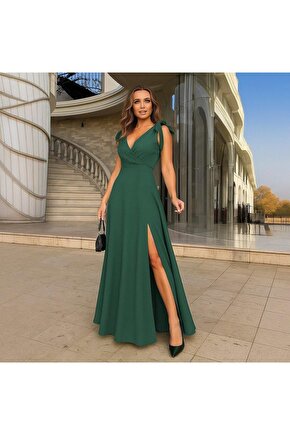 Kadın Askılı Omuzdan Bağlamalı Kruvaze Yakalı Uzun Yırtmaçlı Janjan Krep Elbise