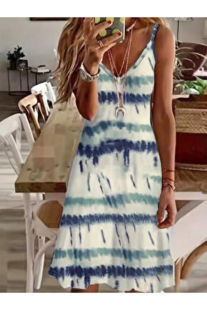Kadın Ip Askılı V Yakalı Karışık Renkli Süprem Elbise