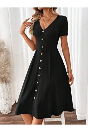 Kadın Kısa Kollu V Yakalı önden Düğmeli A Kesim Dokuma Elbise