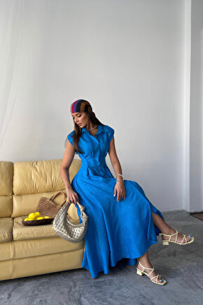 JAKARLI KETEN ELBİSE ÖNDEN YIRTMAÇLI CEPLİ - Saks