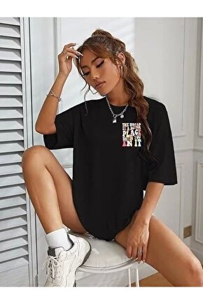 Kadın Bisiklet Yaka Baskılı T-shirt - Siyah