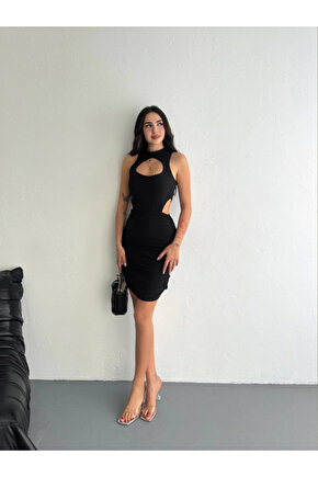 Göğüs Ve Yanlar Dekolteli Kolsuz Boy Elbise - Siyah