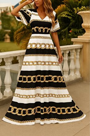 Kadın Kısa Kollu V Yakalı Desenli Süprem Elbise