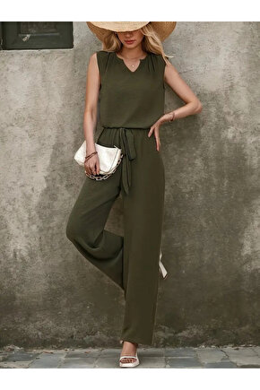 Kadın Kolsuz V Yakalı Aerobin Bluz Ve Belden Kuşaklı Pantolon Ikili Takım