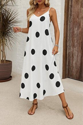 Kadın Ip Askılı Geniş V Yakalı Desenli Süprem Elbise