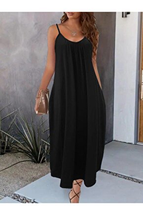 Kadın Ip Askılı Geniş V Yakalı Viskon Elbise
