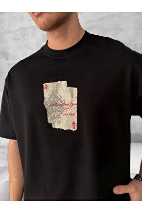 Ön ve Arka Baskılı Oversize Bisiklet Yaka T-shirt - Siyah