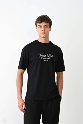 Unisex Bisiklet Yaka Baskılı Oversize T-Shirt - Siyah