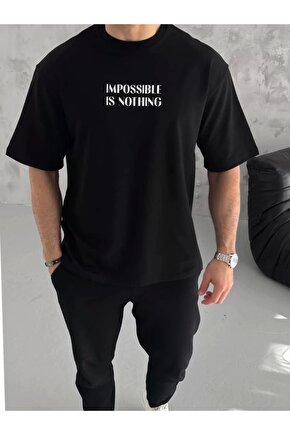 Unisex Bisiklet Yaka Baskılı Oversize T-Shirt - Siyah
