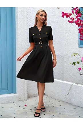 Kadın Kısa Kollu Düğmeli Ve Kemerli Atlas Elbise