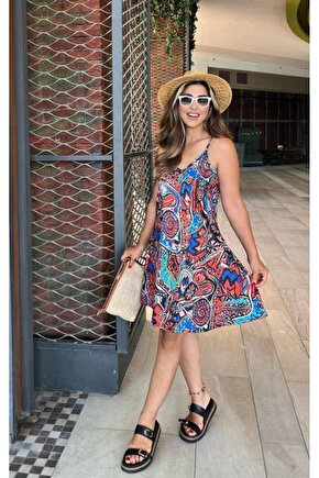 Kadın Ip Askılı V Yakalı Desenli Kısa Süprem Elbise