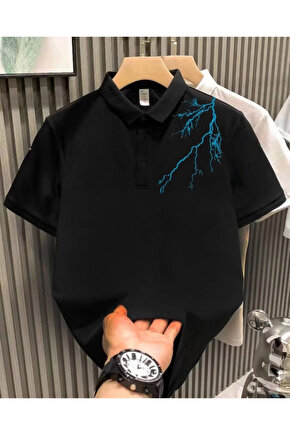 Unisex Yakası Düğmeli Oversize Baskılı T-Shirt - Siyah