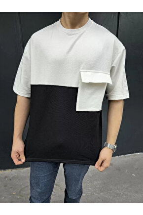 Unisex Torba Cep Detaylı Parçalı T-Shirt - Siyah