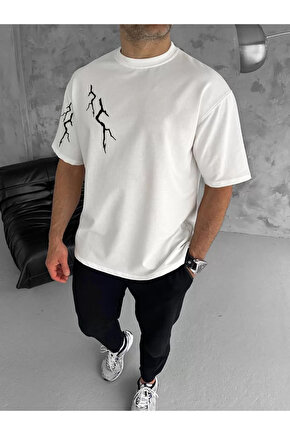 Unisex Bisiklet Yaka Baskılı Oversize T-Shirt - Beyaz